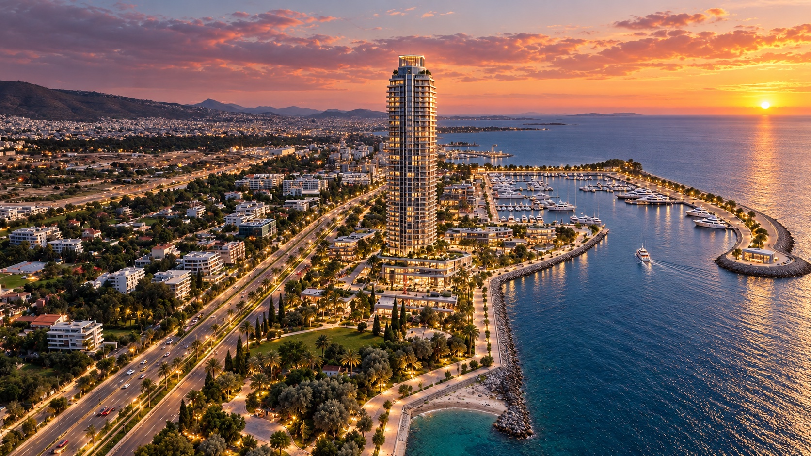 Illustrative future vision of the Athens Riviera at sunset, with a completed tower, landscaped waterfront and yacht marina